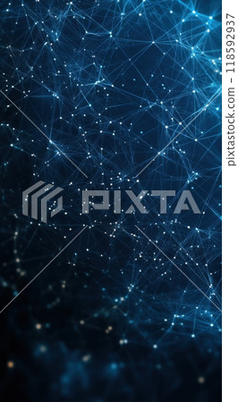 Complex network of interconnected blue lines and dots forming a digital web on a dark blue background, illustrating the concept of technology and communication. 118592937