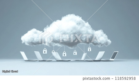 Cloud computing concept with multiple laptops... - Stock Illustration ...