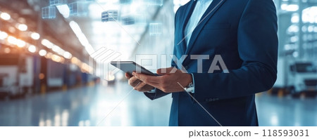 Businessman in a blue suit holds a digital tablet in a modern office, analyzing virtual data and information graphics 118593031