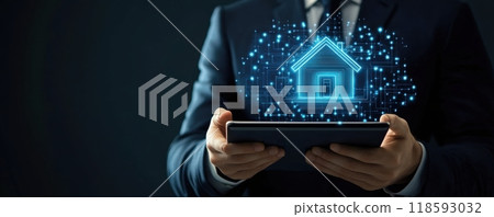 Businessman holding a tablet with a futuristic smart home hologram interface in dim light environment 118593032