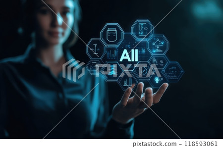 Business professional presenting AI technology on digital screen in modern corporate environment 118593061