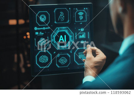 Business professional in a suit presenting artificial intelligence hologram in a modern office setting focused on innovation and technology 118593062