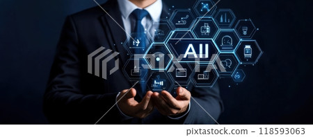 Business professional in a suit holding a digital interface with AI technology concept hologram visualization 118593063