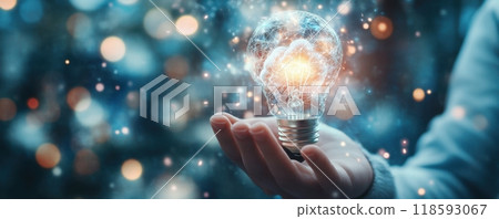 Business professional holding a glowing lightbulb with brain, symbolizing innovation and creativity in a conceptual setting 118593067