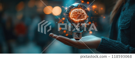 Business professional holding a glowing light bulb with brain imagery, symbolizing innovation and creative thinking in a futuristic setting 118593068