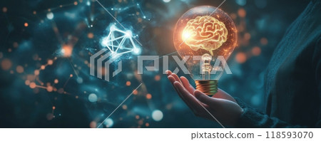 Business professional holding a glowing light bulb with digital brain network imagery, symbolizing innovation and technology Business professional holding a glowing light bulb with digital brain network imagery, symbolizing innovation and technology 118593070