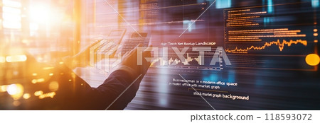 Business professional analyzing digital financial data and statistics in a modern office. Man using technology to interpret stock market trends and financial growth opportunities 118593072