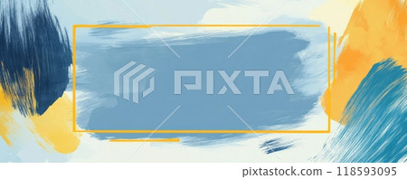 Abstract artistic background with blue and yellow brush strokes creating a dynamic design in a rectangular frame Abstract artistic background with blue and yellow brush strokes creating a dynamic design in a rectangular frame 118593095