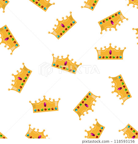 Vector gold crown icon seamless pattern. Simple crowning, queen or king yellow crown design. Royal imperial coronation symbol 118593156