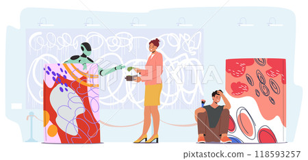 Humanoid Robot Stands Behind A Counter Exchanging Money With A Woman In A Modern Art Gallery, Ai Technology Concept Humanoid Robot Stands Behind A Counter Exchanging Money With A Woman In A Modern Art Gallery, Ai Technology Concept 118593257