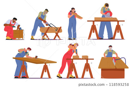 Diverse Craftsmen Involved In Woodwork And Carpentry. Characters Using Tools And Equipment Like Saw, Hammer Diverse Craftsmen Involved In Woodwork And Carpentry. Characters Using Tools And Equipment Like Saw, Hammer 118593258