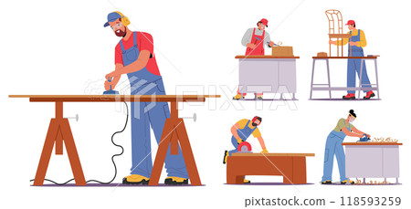 Talented Craftsmen Working on Various Woodworking Projects, Displaying Skill and Precision in Craftsmanship Talented Craftsmen Working on Various Woodworking Projects, Displaying Skill and Precision in Craftsmanship 118593259