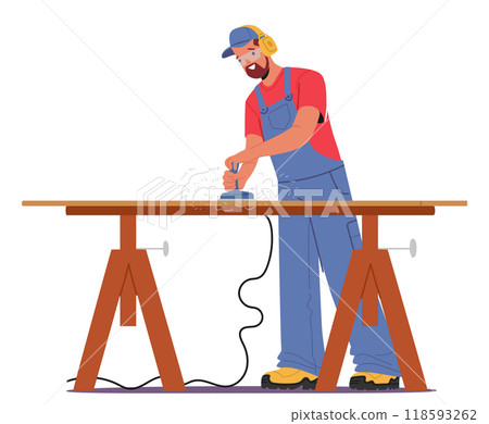Carpenter Skillfully Sanding Wood On Workbench Capturing Art Of Carpentry And Craftsmanship In A Workshop 118593262