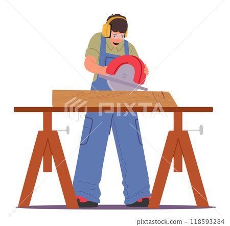 Carpenter Wearing Protective Ear Muffs And Operating A Circular Saw On A Wooden Plank In A Workshop Setting 118593284