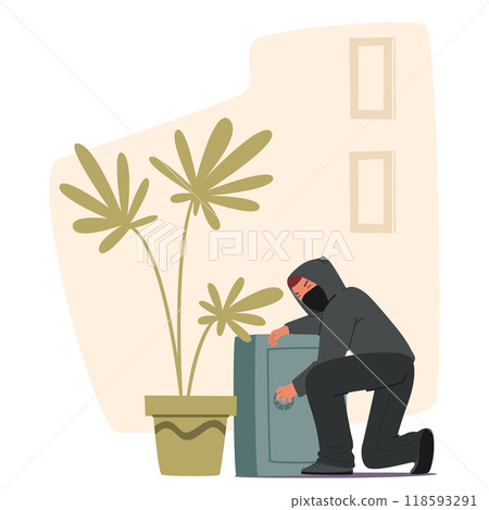 Burglar in a Hoodie and Mask Trying to Crack a Safe in a Room. Image Depicts Crime, Security Breach, Theft Concepts Burglar in a Hoodie and Mask Trying to Crack a Safe in a Room. Image Depicts Crime, Security Breach, Theft Concepts 118593291