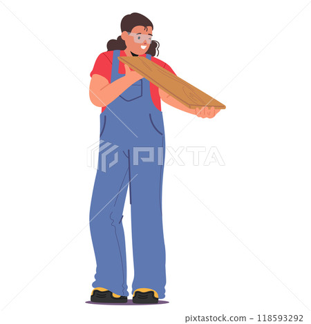 Skilled Woman Carpenter In Overalls Carefully Examines Wooden Plank For Her Carpentry Project, Cartoon Illustration Skilled Woman Carpenter In Overalls Carefully Examines Wooden Plank For Her Carpentry Project, Cartoon Illustration 118593292
