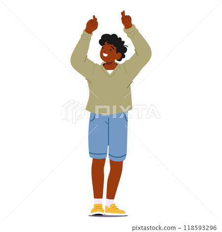 Happy Person With Fingers Crossed Expressing Optimism And Hopefulness. Character Is Smiling And Standing Happy Person With Fingers Crossed Expressing Optimism And Hopefulness. Character Is Smiling And Standing 118593296