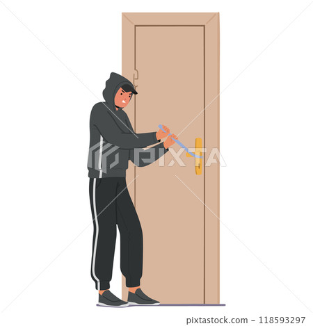 Burglar In A Hoodie Using A Crowbar To Pry Open A Door. Vector Scene Reflects Crime, Danger, Security Concerns Burglar In A Hoodie Using A Crowbar To Pry Open A Door. Vector Scene Reflects Crime, Danger, Security Concerns 118593297