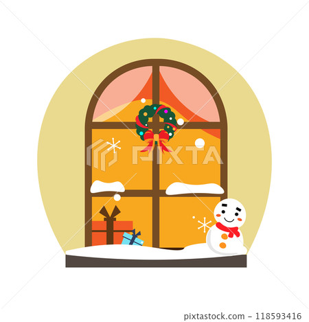Winter illustration with a snowman outside the window 118593416
