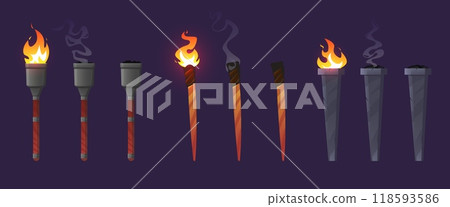 Cartoon torch fading animation. Burning and extinguished medieval castle lamps. Ancient light sources with flame. Smoldering wooden sticks. Old blazing flambeaus. Game icons vector set 118593586