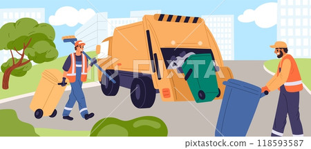 Cleaners load containers into garbage truck. Street cleaning with machine. Scavengers carrying dustbins. Wipers working. Trash removal. Janitors collecting rubbish. Garish vector concept Cleaners load containers into garbage truck. Street cleaning with machine. Scavengers carrying dustbins. Wipers working. Trash removal. Janitors collecting rubbish. Garish vector concept 118593587