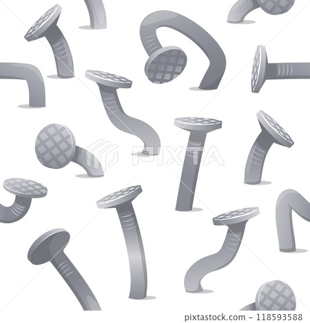 Curved nails seamless pattern. Metal crooked and hammered hobnails. Repeated print. Steel bents. Ferruginous heads. Industrial tools. Carpentry hardware. Broken fasteners. Vector background 118593588