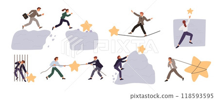 People achieve their goals. Men and women overcoming obstacles. Businessman jumping over precipices. Employee climbing over walls. Entrepreneur conquering career peaks. Garish vector set 118593595
