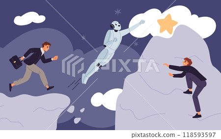 Robot competes with people. Cyborg climbs to mountain top faster humans. Artificial intelligence. AI robotic technology. Android and person reaching to stars. Garish vector concept Robot competes with people. Cyborg climbs to mountain top faster humans. Artificial intelligence. AI robotic technology. Android and person reaching to stars. Garish vector concept 118593597