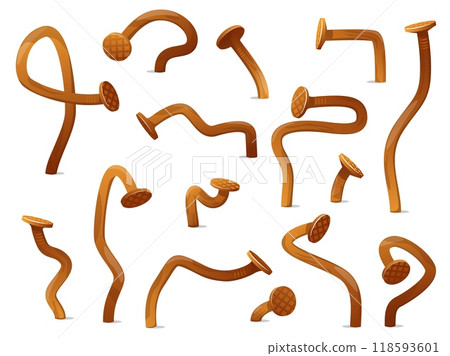 Rusty bent nails and heads. Cartoon old metal hobnails. Bonding spikes. Driven in wall curved objects. Industrial tools. Repair hardware. Broken fasteners. Carpentry elements vector set 118593601