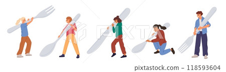 Tiny men and women hold tableware. Happy people with large spoons, forks or knife. Kitchen utensils. Dining cutlery. Persons carrying big silverware. Cartoon characters. Garish vector set 118593604