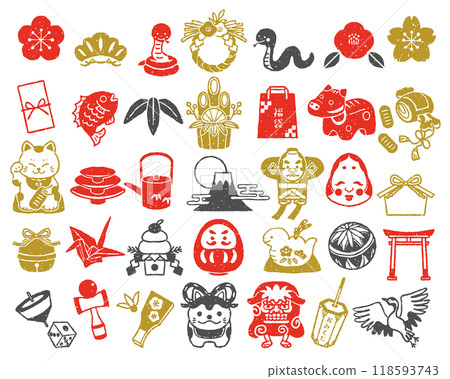 New Year's illustration set, stamp style, Year of the Snake 118593743