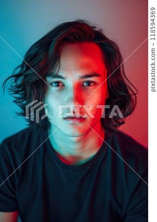 Maori teenager portrait, illuminated by neon light. 118594369