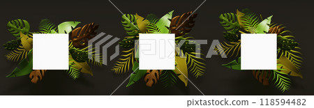 3d square frame with tropical green palm leaves render set. Jungle banner with leaf border isolated on black background. Summer party flyer, invitation card with exotic plant branches. 3D illustration 118594482