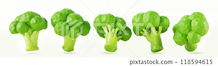 3d set of green broccoli vegetable in different angles view. Asparagus or garden cabbage, fresh inflorescence branches isolated on white background. Healthy organic food render icon. 3D illustration 118594615