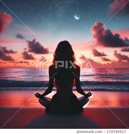 A woman meditating on the beach in the moonlight and sunset A woman meditating on the beach in the moonlight and sunset 118594822