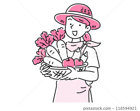 A young woman wearing a straw hat and apron rejoicing after harvesting vegetables A young woman wearing a straw hat and apron rejoicing after harvesting vegetables 118594921