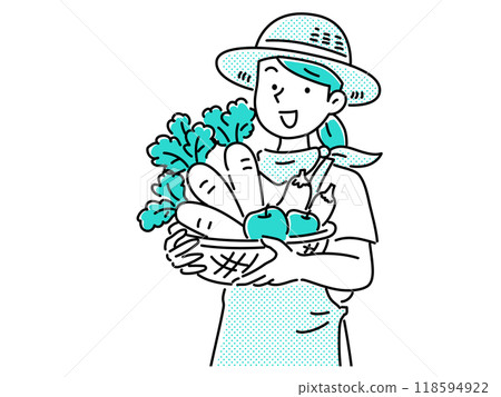 一位戴著草帽和圍裙的年輕女子在收割蔬菜後欣喜若狂 118594922