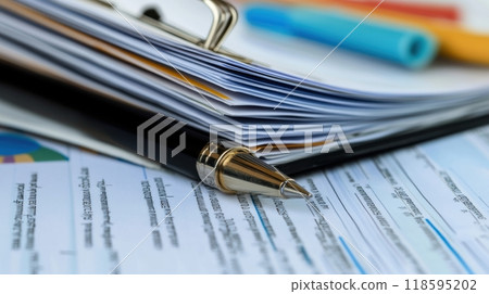 A pen is on top of a stack of papers 118595202