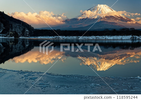 Mount Fuji in the evening sun as seen from Lake Shoji in winter Mount Fuji in the evening sun as seen from Lake Shoji in winter 118595244