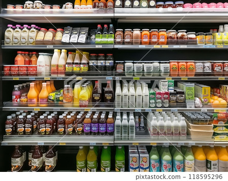 A well-organized grocery store aisle displaying a variety of beverages, dairy products, and condiments. A well-organized grocery store aisle displaying a variety of beverages, dairy products, and condiments. 118595296