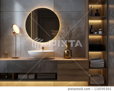 A stylish bathroom features a round backlit mirror, vessel sink, gold vase with branches, and neatly arranged shelves with towels and toiletries. 118595301