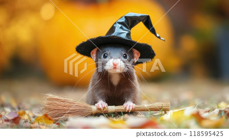 A small brown mouse is wearing a black witch's hat and holding a broom 118595425
