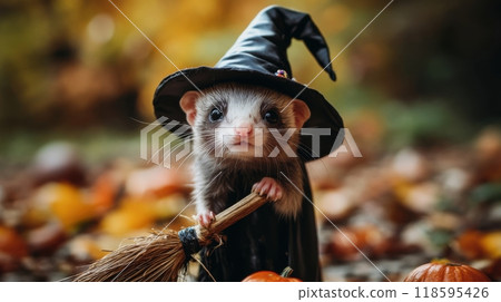 A small animal wearing a witch's hat and holding a broomstick 118595426