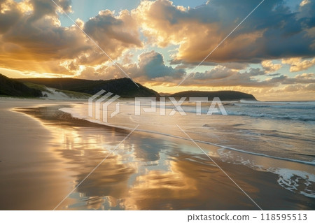 Golden sunset over vibrant sandy beach with waves 118595513
