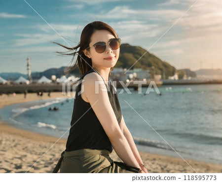 Close-up of a woman wearing sunglasses in the sea - AI generation 118595773