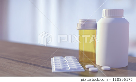 The medicine bottle on wood table for heath and sci concept 3d rendering. 118596175