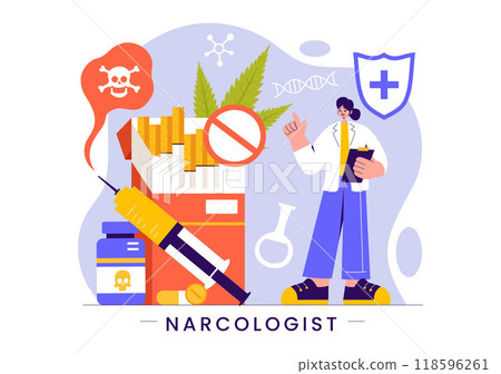 Narcologist Vector Illustration Featuring a Doctor, Drug Addiction Awareness, and Alcohol and Tobacco Issues in Healthcare in a Flat Background 118596261