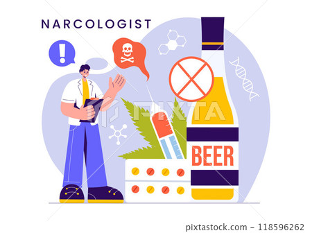 Narcologist Vector Illustration Featuring a Doctor, Drug Addiction Awareness, and Alcohol and Tobacco Issues in Healthcare in a Flat Background Narcologist Vector Illustration Featuring a Doctor, Drug Addiction Awareness, and Alcohol and Tobacco Issues in Healthcare in a Flat Background 118596262