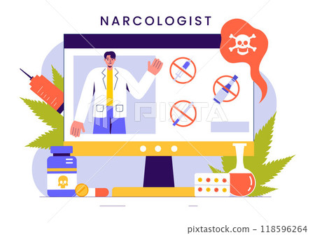 Narcologist Vector Illustration Featuring a Doctor, Drug Addiction Awareness, and Alcohol and Tobacco Issues in Healthcare in a Flat Background Narcologist Vector Illustration Featuring a Doctor, Drug Addiction Awareness, and Alcohol and Tobacco Issues in Healthcare in a Flat Background 118596264