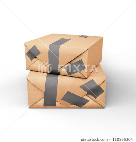 Cardboard Box with Tape. Template for Present, Valentine, Birthday or Wedding Banners. 3D Illustration. File with Clipping Path. 118596304